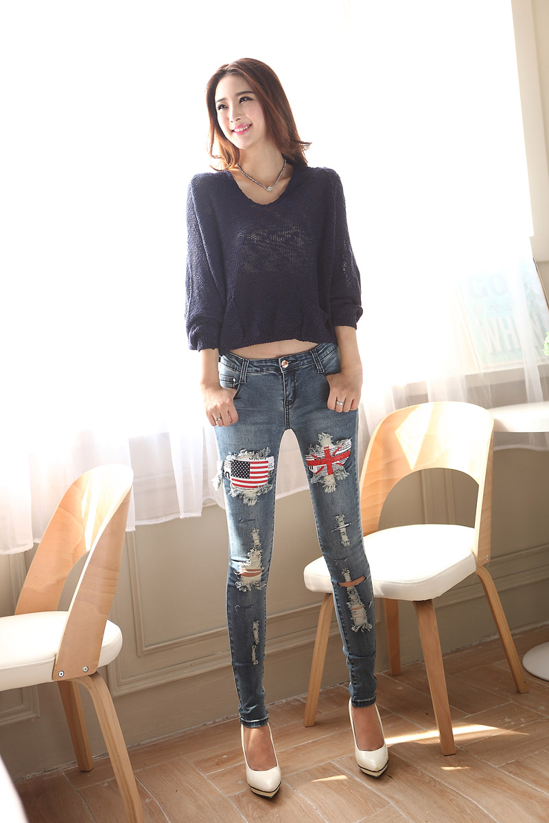 New 2014 Female Hole Decoration Slim Jeans Women's Skinny Denim Personality Pencil Pants Casual High Elastic Jean Trousers 9681