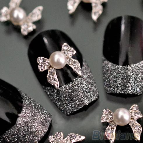 10pcs Fashion Nail Art Tips Stickers Deco Pearl Ribbon Bow Alloy Jewelry Glitter Rhinestone decoration 15SF