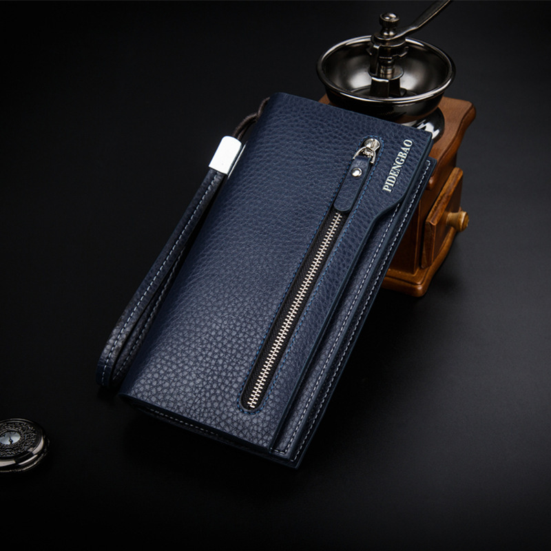 Hot New Brand Design zipper Fashion black genuine leather men wallets long casual brown purse cartera
