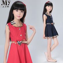 New 2016 Baby Clothes Summer Children Girls Dresses High Quality Plaid Princess Dresses With Bow Belt 3-14 Y Kids Girls Vestidos