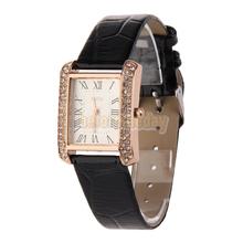 Betr Hot New PU Leather para mujer reloj de la venda de la aleación de Diamante cuadrado cara negro