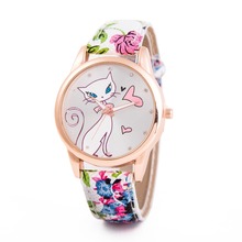 2016 New Style Cute Cartoon Cat Watches Women Fashion Large Numeral Casual Watch Floral Strap Quartz