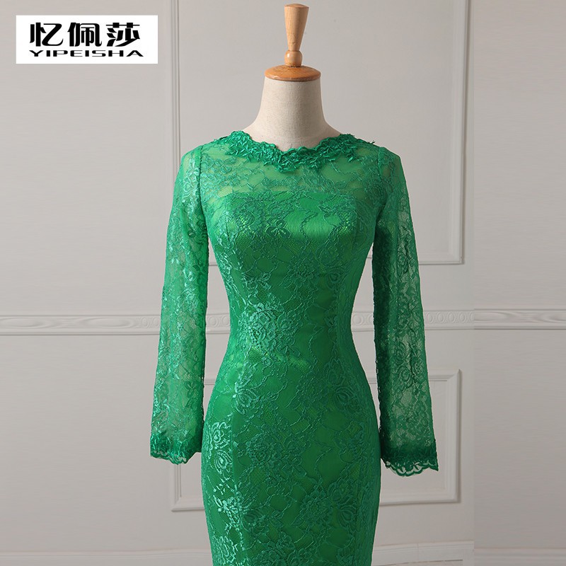 2015 Long Sleeve Evening Dresses Vintage Green Lace Mermaid High Neck Court Train EveningFormal Gowns For Womens 