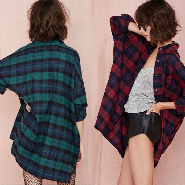 2015 Fashion Womens Boyfriend Style Plaid Check Shirt Tops Loose Lapel Blouse Long Coat Casual