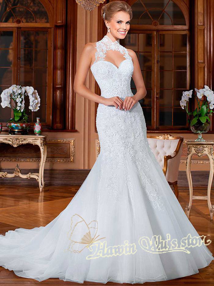 vestido de novia tirantes alrededor del cuello