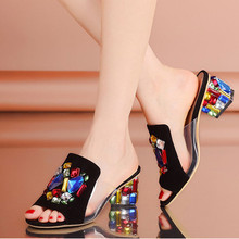 2015 New Classic Colorful Rhinestone Peep Toe Women Summer Sandals Cowhide Medium Square Heel Beads Lady Office Career Slippers