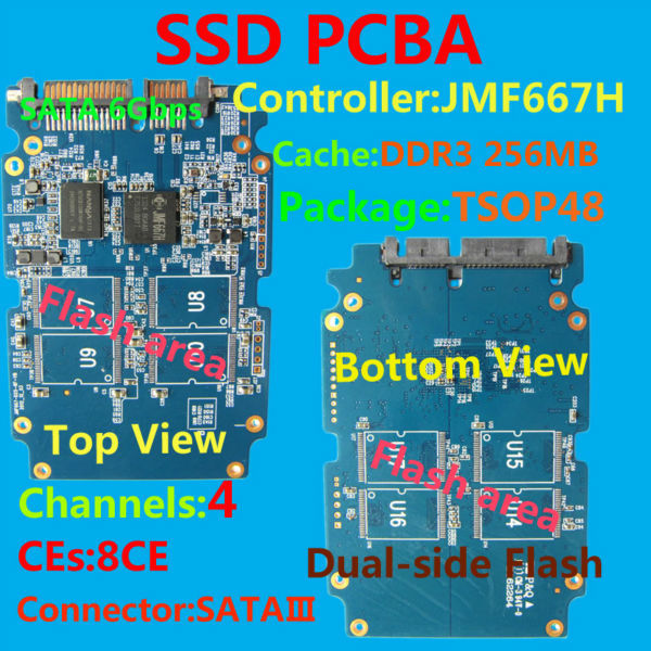 The SSD circuit board/DIY SSD PCBA/Flash Interface TSOP48/JMF667H Controller/ SATA6Gbps Interface/external dram cache 256MB