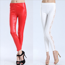 New Spring Summer Leggings High Elastic Trousers Pants Leggings Imitation Leather Side Hollow Out Rose Lace