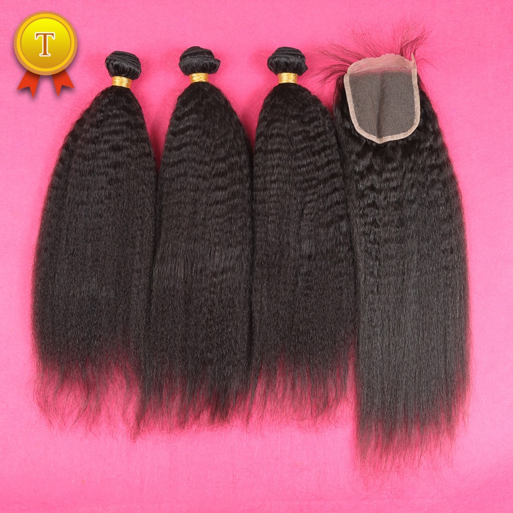 7A Mongolian Virgin Hair Kinky Straight Lace Closure With Bundles Coarse Italian Yaki Hair 4 Pieces/Lot 100% Human Hair Weaves