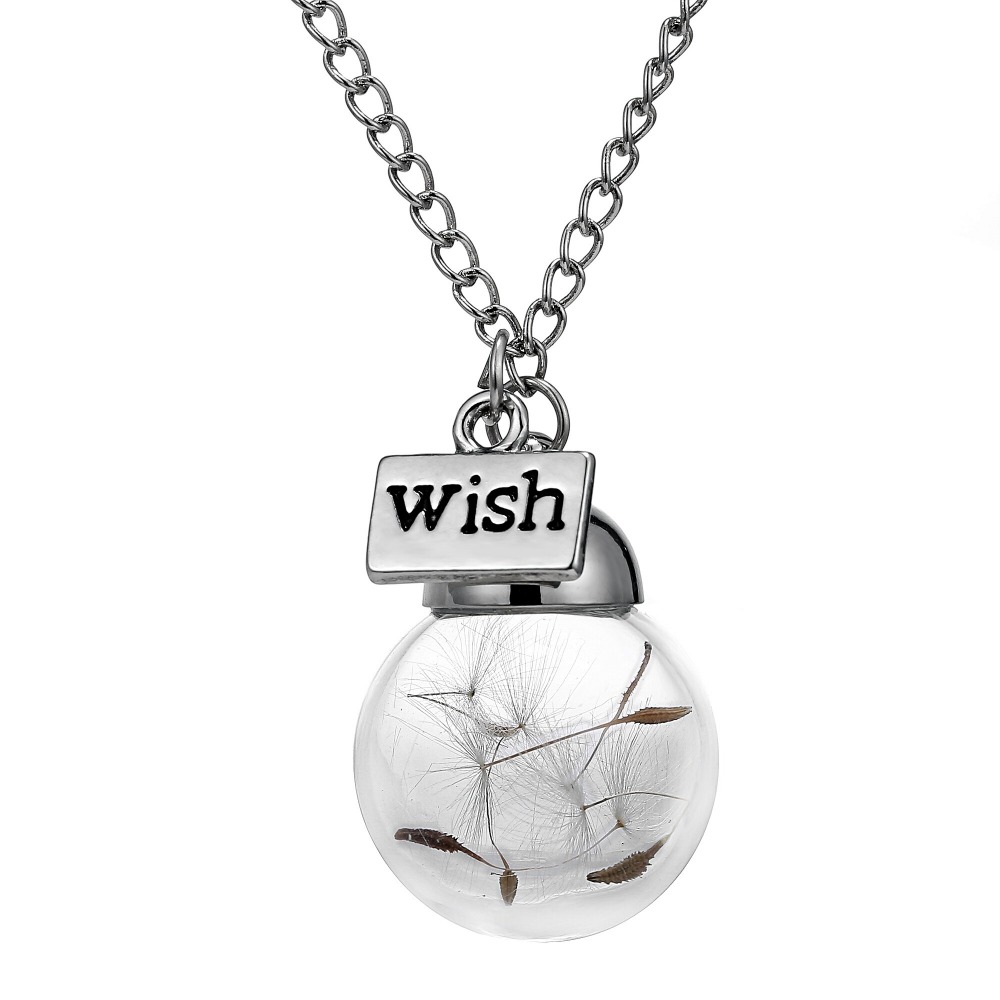 Glass bottle necklace Natural dandelion seed in glass long necklace Make A Wish Glass Bead Orb