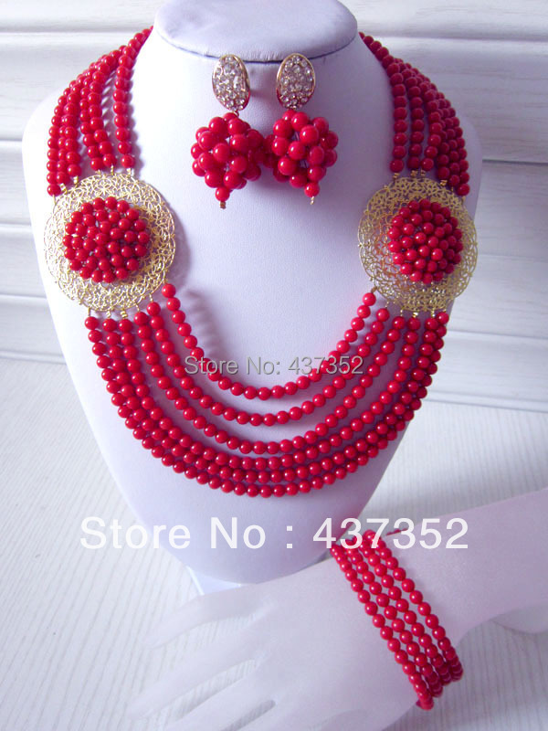 2014 New Fashion Nigerian Wedding African Beads Jewelry set Red Coral Beads Bridal Jewelry Set CWS-245
