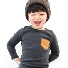 Wholesale Baby Kids Long Sleeve Crewneck T-shirt Pocket Decor Boy Girl Shirt Clothes 2-7 Y Free Shipping