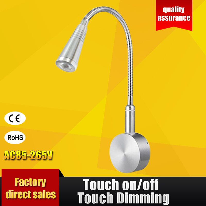 Touch on/off 3W Silver Flexible Hose LED Modern Wall Lamp Flexible Arm Light Lamp Bedside Bathroom Painting Wall Lighting dimmer