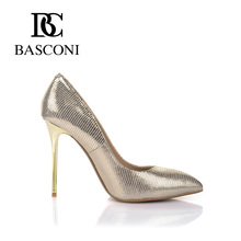 Free shipping 2016 BASCONI woman shoes pointed a stiletto with golden grain sheepskin Leather lining New
