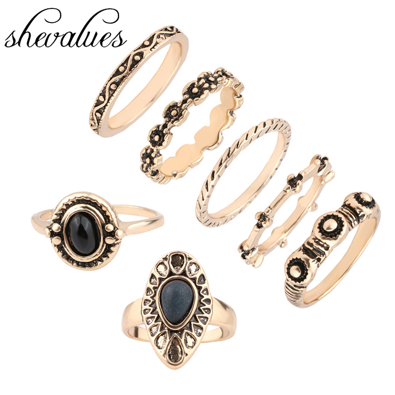 Shevalues Turc Ronde Vintage Anneau Ensembles 7 PC/Sets Antique Or Midi Bagues Pour Femmes