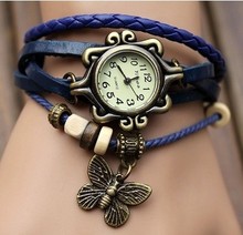ladies women vintage bracelet watch butteryfly pendant Genuine cow leather quartz wristwatches 5 colours