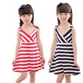4 7years New Girls Dress Summer Striped V Neck Beach Dresses for Girl Casual Cotton Clothing