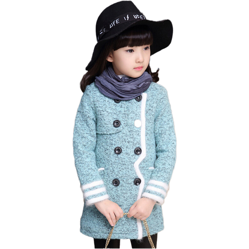 Buenos Ninos 2015 Korean Fashion Girls Winter Woolen Coats Children Kids Patchwork O-Neck Double-Breasted Long Blue Outerwear