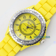 2015 New Fashion Geneva Crystal Watch Jelly Gel Silicon Girl Women s Quartz Wrist Watch Candy