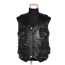Leather Motorcycle Vest Luxury Autumn Winter Jacket Sleeveless Waistcoat With Many Pockets Real Cow Leather Photographer Vest