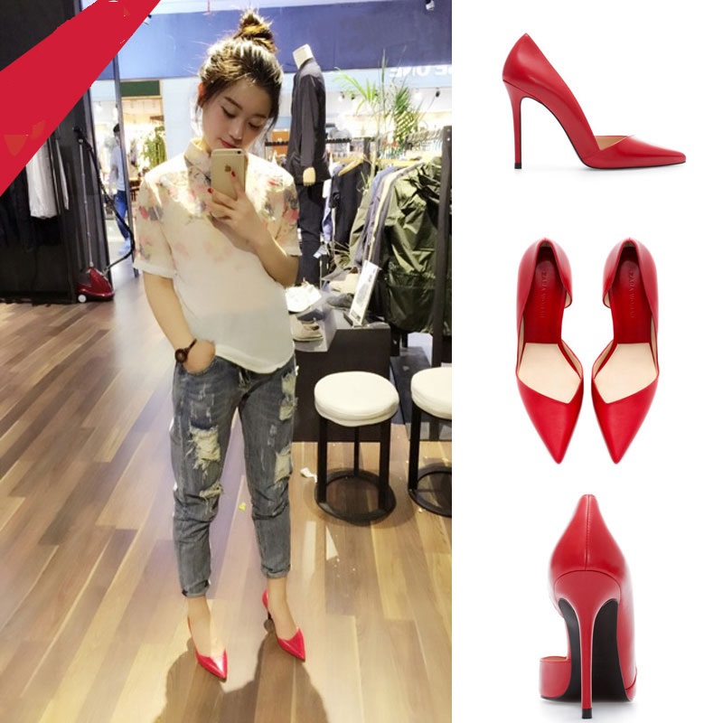 2015 new spring models pointed shoes with thin red wedding shoes sexy singles club shallow mouth