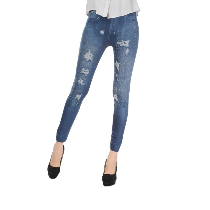 ADM 2015 Fashion Sexy Women Leggings Starts Hollow Out Fold Printed Imitation Jeans Elastic Slim Punk
