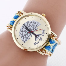 Nueva llegada caliente de la venta del relogio feminino lujo Vintage tejido a mano la correa de reloj de cuarzo ocasional mujeres relojes patrón del árbol