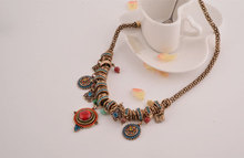 Vintage Bohemia Style Fashion Jewelry Gold Plated Round Shape Colorful Resin Stone Beads Pendants Statement Necklace