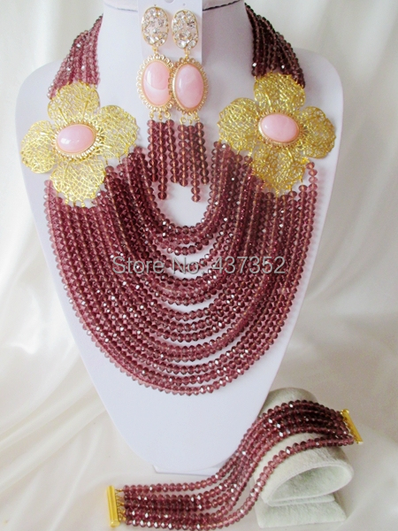 Luxury 15layers Flower Plum Purple African Nigerian Wedding Beads Jewelry Set Bridal Jewelry Sets Free Shipping CPS-3163