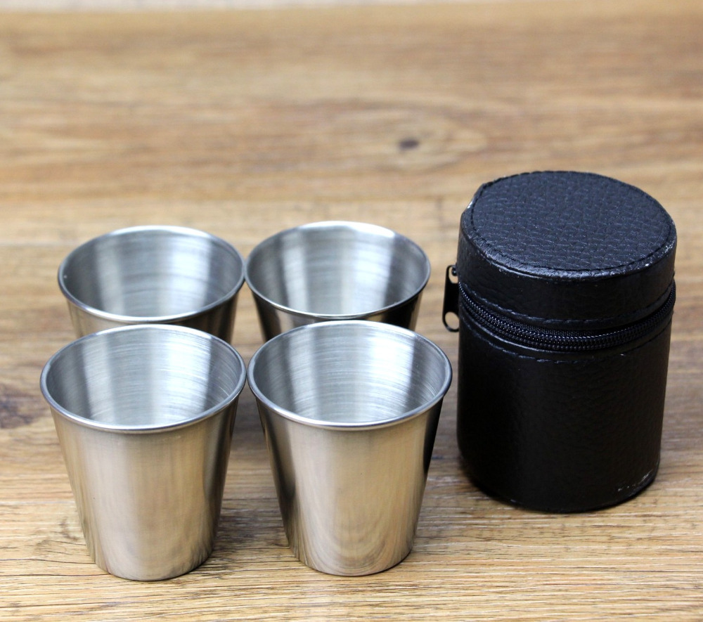 4 Pieces 80ml Beer Cups with Bag Stainless Steel Cup Travle Water Cup Metal Mug