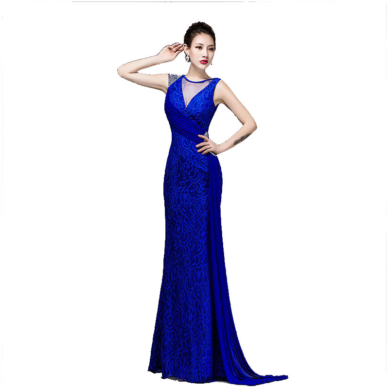 Mujeres vestido azul real vestidos de fiesta sin espalda halter vestido de encaje formal elegante piso
