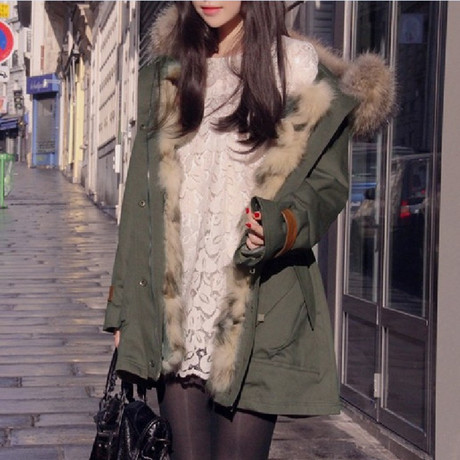 2015 New Winter coat Korean fashion loose Military green jacket women winter fur collar parka hooded
