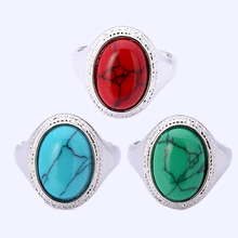 Wholesale 3Pcs Green&Red&Blue Vintage Retro Tibetan Silver Plated Round Turquoise Stone Ring For Men Fashion Turquoise Jewelry