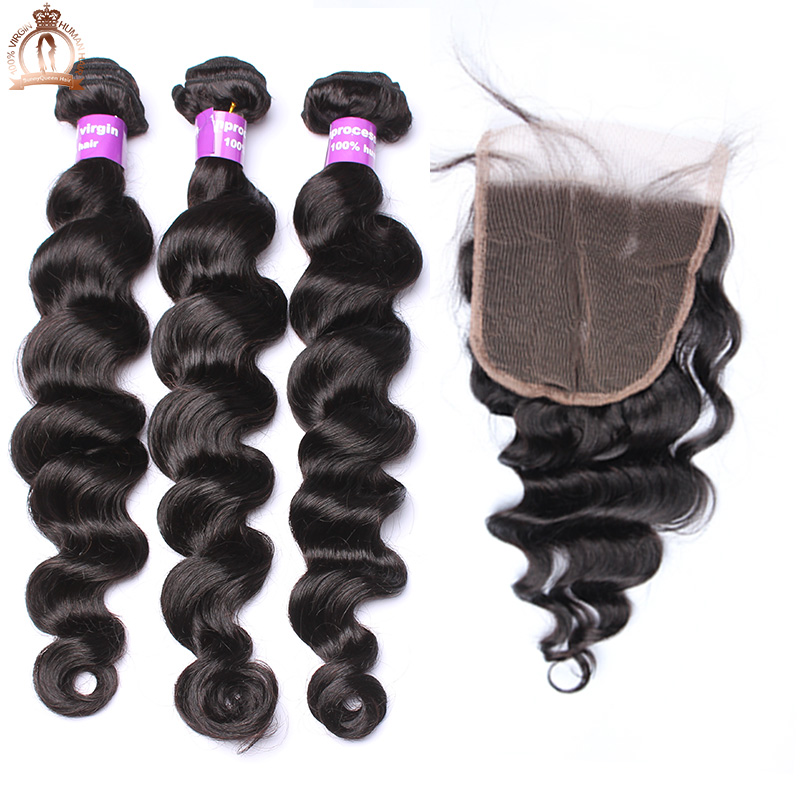 5x5 Bundles With Closure 4Pcs Peruvian Loose Wave With Closure 7A Peruvian Virgin Hair With Closure Sunny Queen Hair Products
