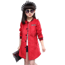 Children’s clothing girl spring tassel coat 2016 new children long dust coat red big girl during for kids autumn outerwear brand