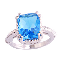 lingmei Wholesale Fashion Women Dazzling Emerald Cut Blue Topaz 925 Silver Ring Size 6 7 8 9 10 11 New Popular Party Jewelry