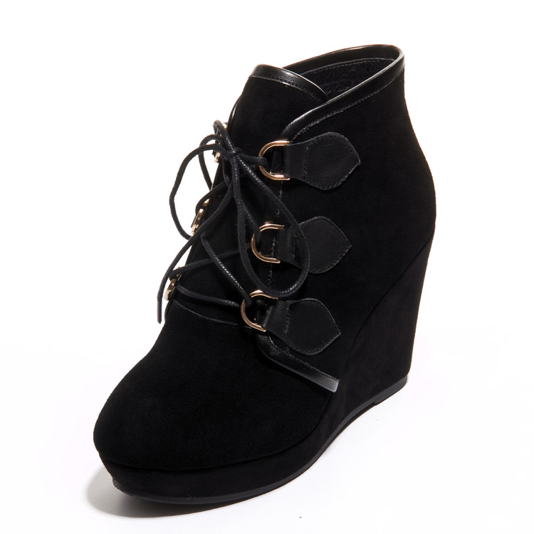 Фотография 2016 Winter Autumn Spring Ankle Lace Up Platform Super High Heels Wedges Woman Short Boots Shoes Woman Black Platforms Shoe z-7