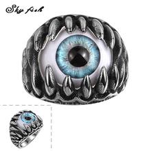Skyfish 2016 Punk series Fashion Men’s Ring The Punk Rock Accessories Stainless Steel Devil’s Blue Pupil Rings For Men