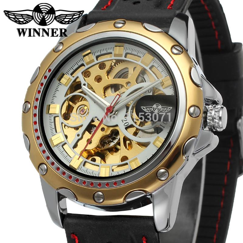 Men watch 2015 Winner skeleton watch with gold color bars index black silicone band free shipping