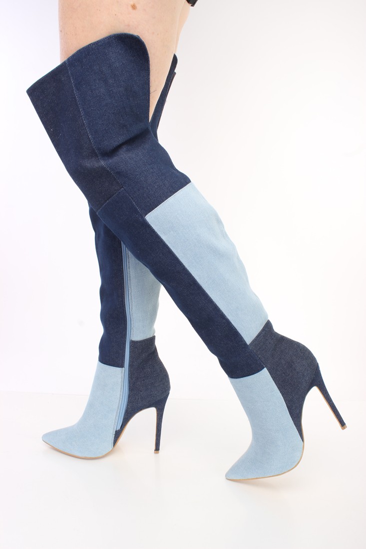 denim patchwork platform boots