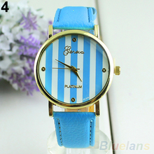 Fashion Women Men Classic Geneva Stripes Print Leatheroid Analog Quartz Dress Wrist Watches 01NS 2UQL
