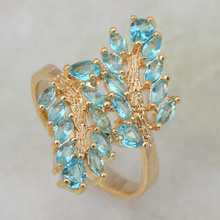 Brilliant Party Jewelry Sky Blue Cubic Zirconia Fashion jewelry 18K Yellow Gold Plated Sapphire women’s Rings R126