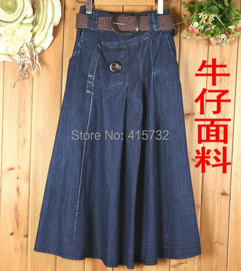 Free Shipping 2015 New Fashion Long Maxi denim Jeans Skirts For Women Summer Elastic Waist A-line Casual Skirts With Pockets