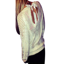 Plus Size S-3XL 2015 Autumn New Women Fashion Hollow Out Hemp Flowers Sweaters Bow Backless Long Sleeve O-Neck Pullovers Sweater
