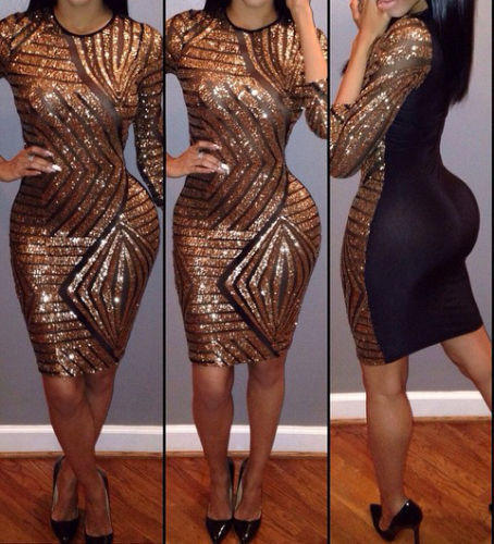 Sexy-Women-Long-Sleeve-Dress-Gold-Color-Sequins-3-4-Sleeve-Mini-Dress-Bandage-Bodycon-1