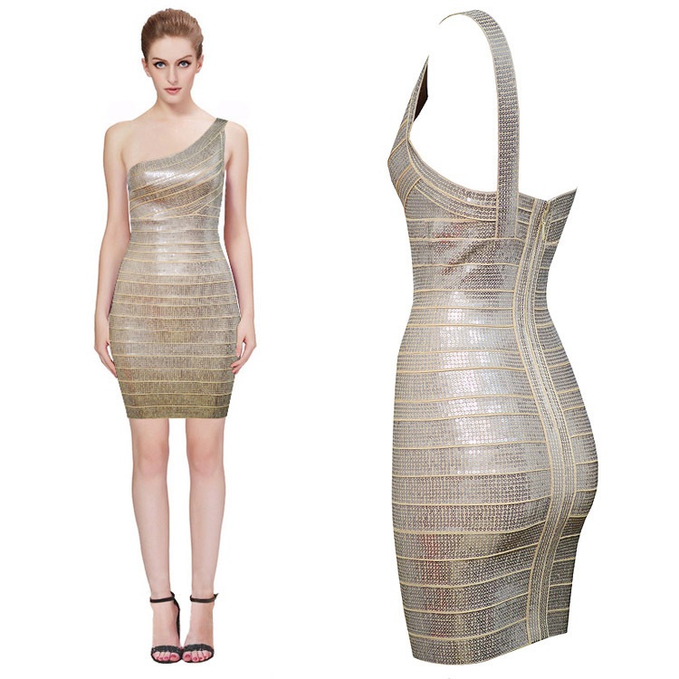 Gold Color High Quality Beading Rayon Material Ladies HL Bandage Dress One Shoulder Sexy Mini Dress Evening Party Dress
