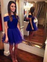 Robe De Cocktail Ball Gowns Boat Neck Open Back Mini Girl Prom Party Skirt Short Royal Blue Prom Dresses With Sleeves Custom