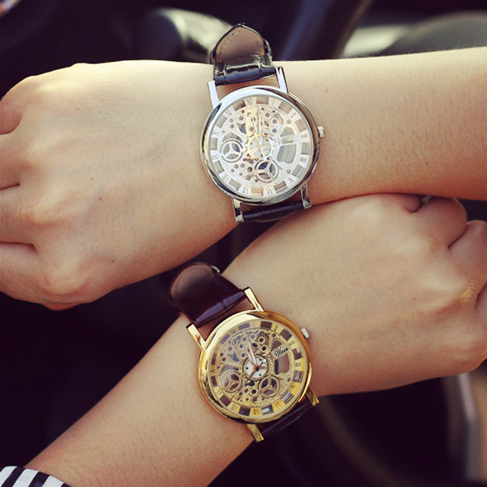 Engraving Watches Imitation of Mechanical Watch Gift Gold Hollow Quartz Dress Wristwatch Men Business Relojes Masculino
