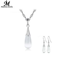 2016 New Fashion moonstone Opal stone Water Drop White Pink Women Stud Earrings Necklace Pendant Jewelry Set Prom Party Jewelry