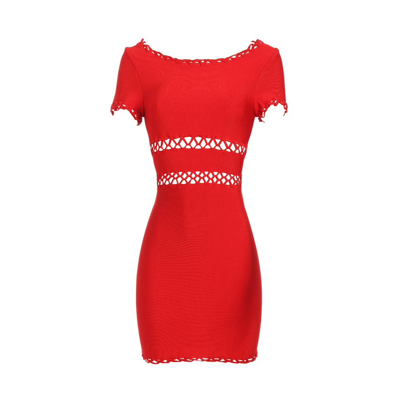 L039 2014 spring and summer in Europe and America hollow red round neck knit side was thin Slim sexy bandage dress party dress